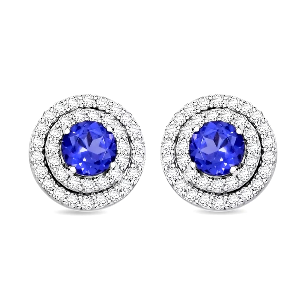 Elegant Simulated Tanzanite And Diamond Silver Stud Earrings